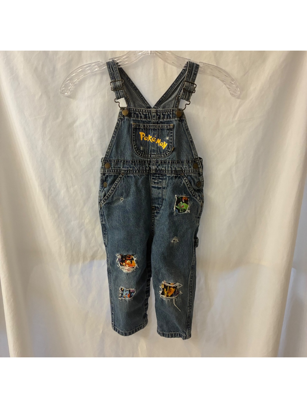 Vintage Faded Glory Kid's Denim Overalls Customized Pokémon Patches Sz 24 Month